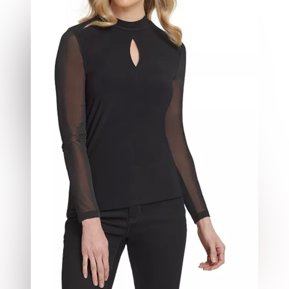 DKNY Black Top with Sheer Sleeves Size Women’s Small
